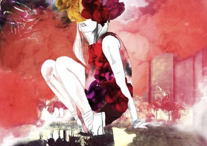 Red fashion illustration of a woman with flowers by Belinda Chen. 