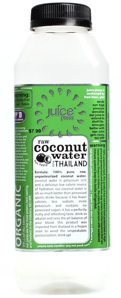 Juice Press raw coconut water in the fridge of Margaret Nichols. Read more at Thenuminous.net